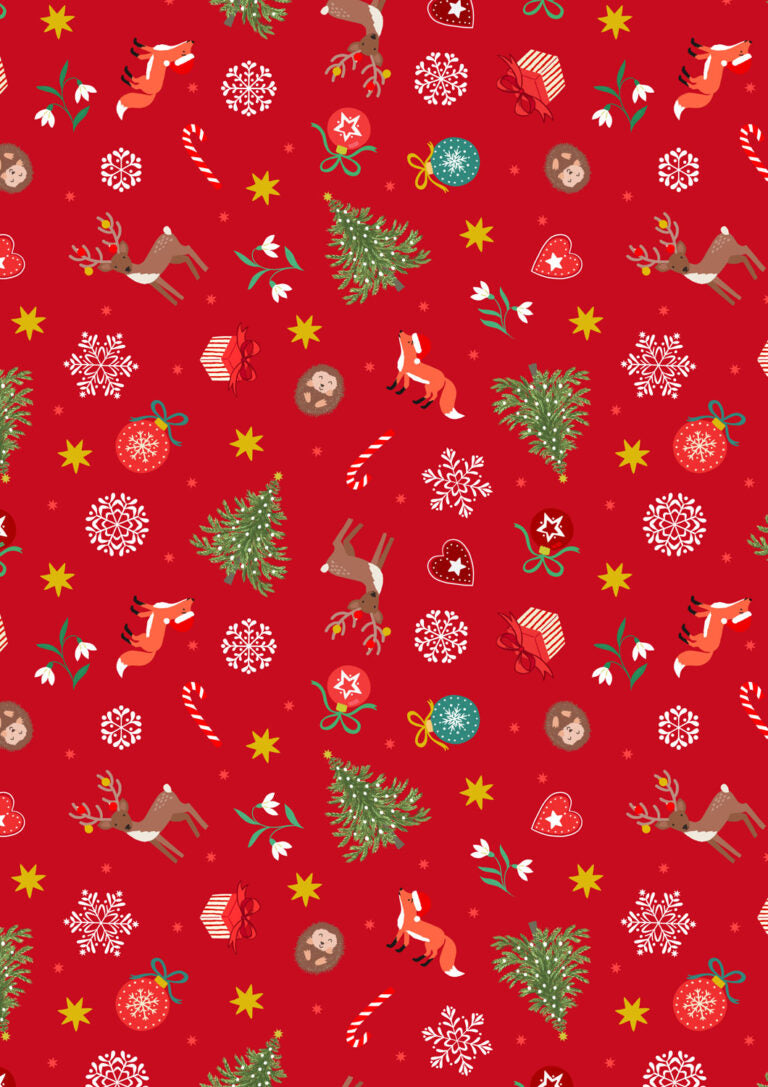 Christmas in Bluebell Wood Quilt Fabric - Scattered Festive on Red - C141B