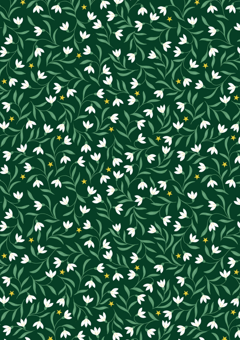 Christmas in Bluebell Wood Quilt Fabric - Snowdrops on Christmas Green - C140C