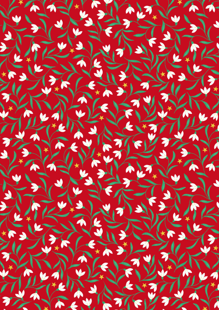 Christmas in Bluebell Wood Quilt Fabric - Snowdrops on Red - C140B