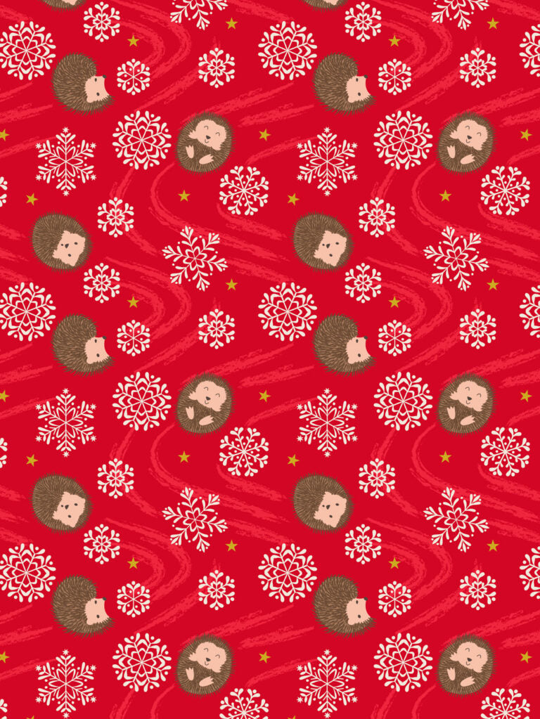 Christmas in Bluebell Wood Quilt Fabric - Snowflake Hedgehog on Red - C142B