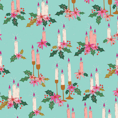 Christmas in Color Quilt Fabric - Holiday Glow Candles in Light Teal - CMC-25413
