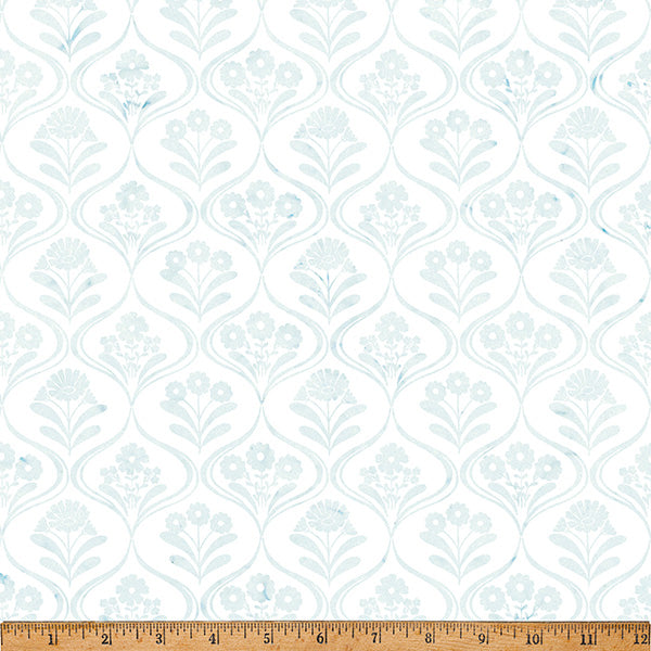 Clear Skies Hoffman Batik Quilt Fabric - Scallop with Flowers in Frost Blue/Gray - X2652-113 Frost