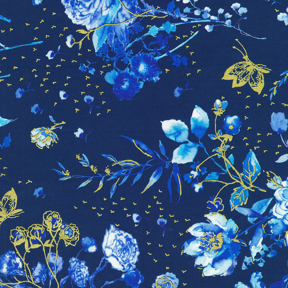 Cobalt Bliss Quilt Fabric - Floral Bouquet in Navy Blue - AVMDM-23215-9 NAVY