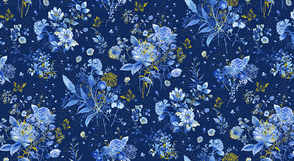 Cobalt Bliss Quilt Fabric - Floral Bouquet in Navy Blue - AVMDM-23215-9 NAVY