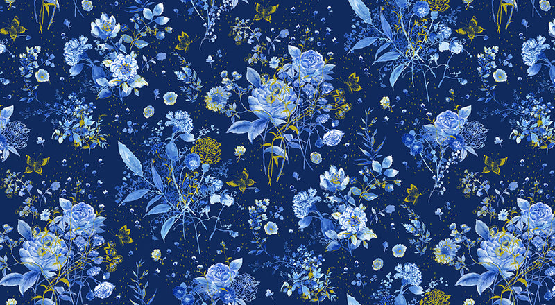 Cobalt Bliss Quilt Fabric - Floral Bouquet in Navy Blue - AVMDM-23215-9 NAVY