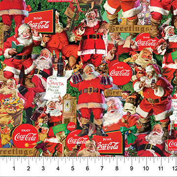 Coca-Cola Christmas Quilt Fabric - Santa Scenes in Red/Multi - CC1014-26