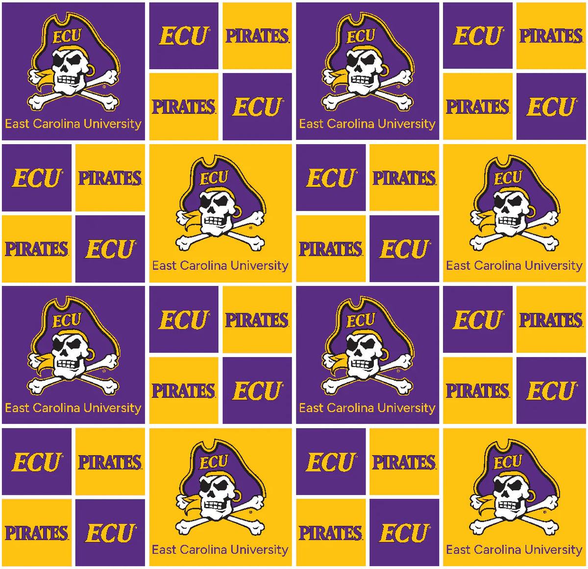 College Cottons Quilt Fabric - East Carolina University Block Print in Purple/Gold - ECU020