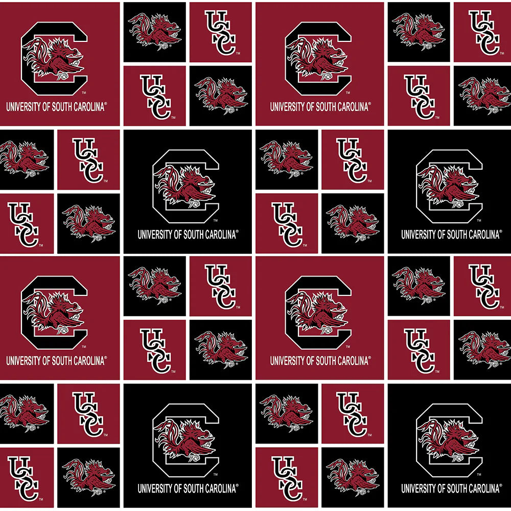 College Cottons Quilt Fabric - University of South Carolina Block Print in Garnet/Black - SC-020