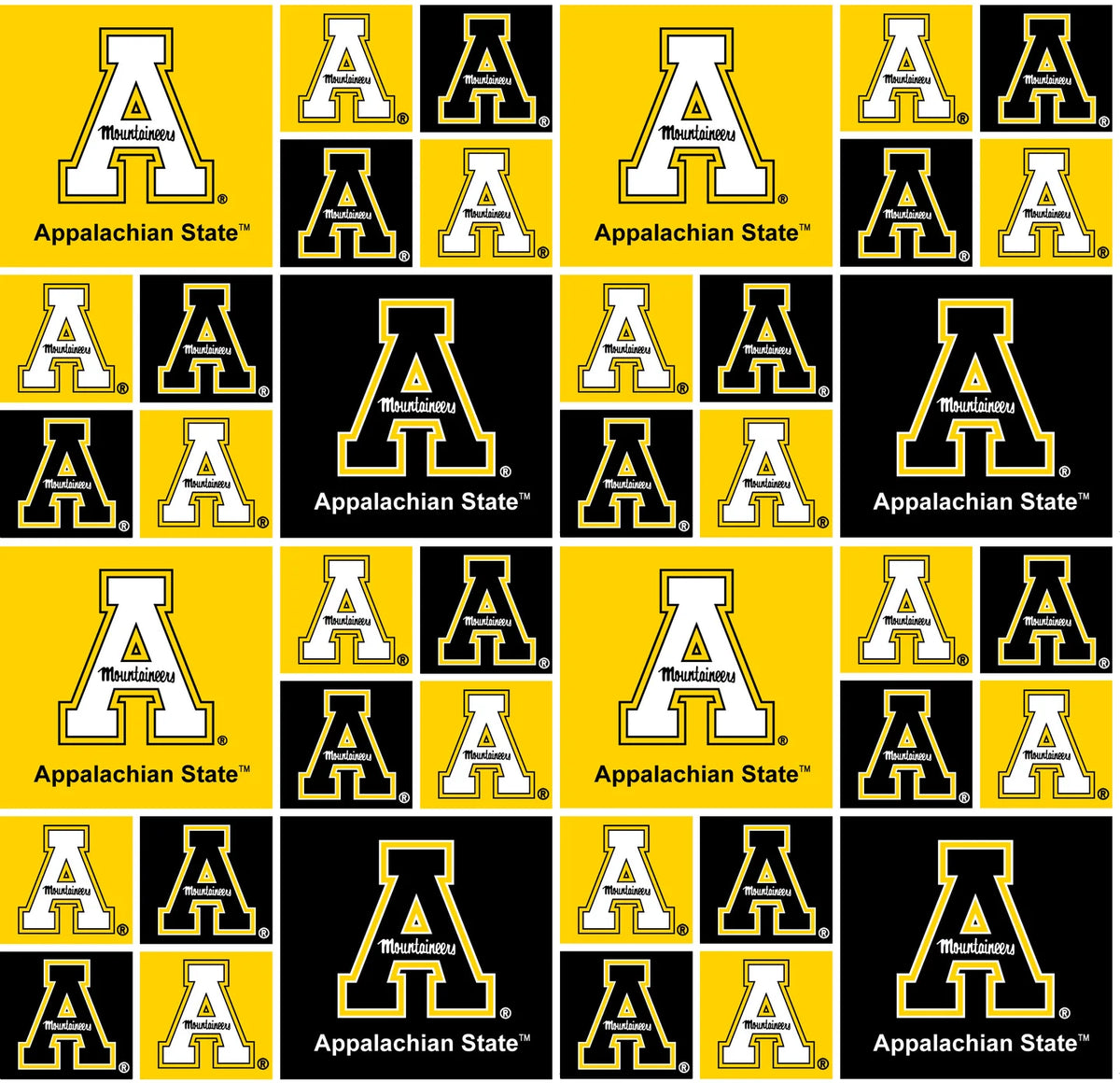 College Cottons Quilt Fabric - Appalachian State University Block Print in Black/Gold - APPST020