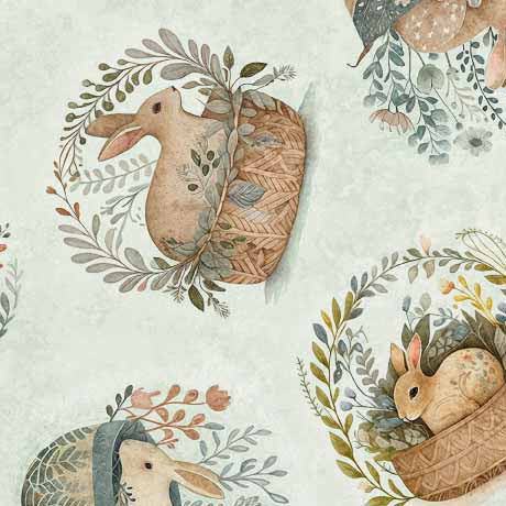 Cotton Tails Quilt Fabric - Rabbit and Basket Toss in Sage Green - 2600 30080 H