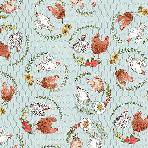 Cottontail Farm Quilt Fabric - Chickens on a Wire in Blue - 21540-BLU