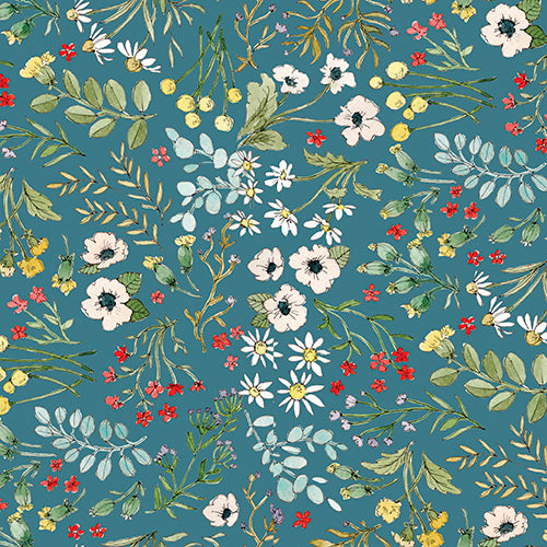 Cottontail Farm Quilt Fabric - Tossed Flowers in Teal - 21541-TEA