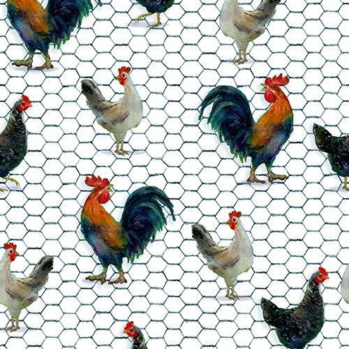 Country Living Quilt Fabric - Chicken Dance in White - 21681 White
