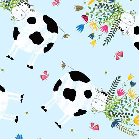 Cow Party Quilt Fabric - Cows and Bouquets in Blue - 1649 29654 B
