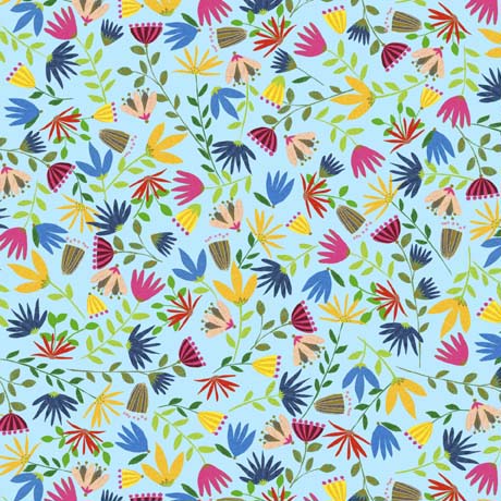 Cow Party Quilt Fabric - Stylized Floral in Blue - 1649 29655 B