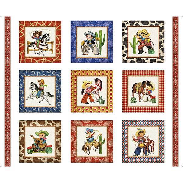 Cowboy Up Quilt Fabric - Retro Cowboy Picture Patches Panel - 1649 29845 Z - SOLD AS A 36" PANEL