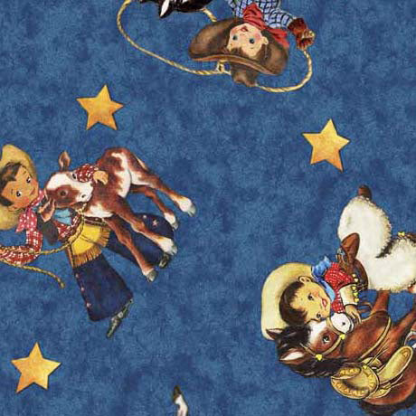 Cowboy Up Quilt Fabric - Retro Cowboy Toss in Blue - 1649 29846 W