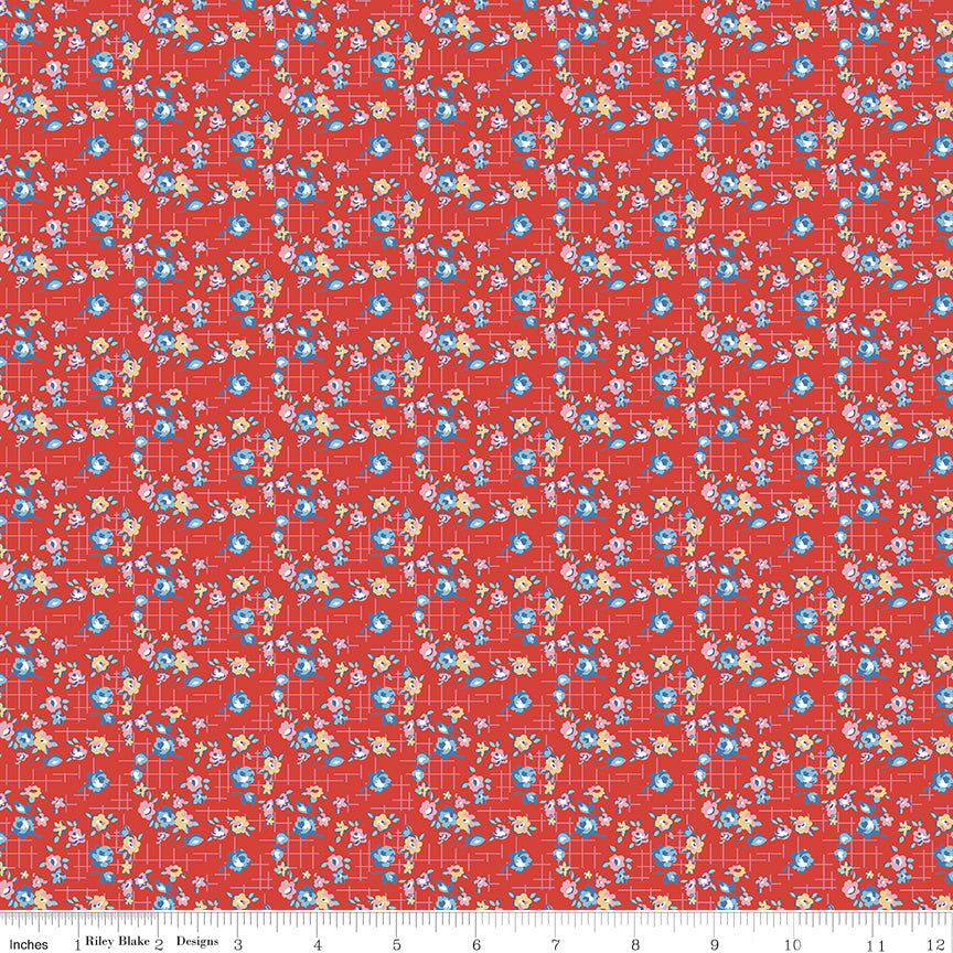 Dear Sweethearts Quilt Fabric - Apron Grid Floral in Red - C18091-RED