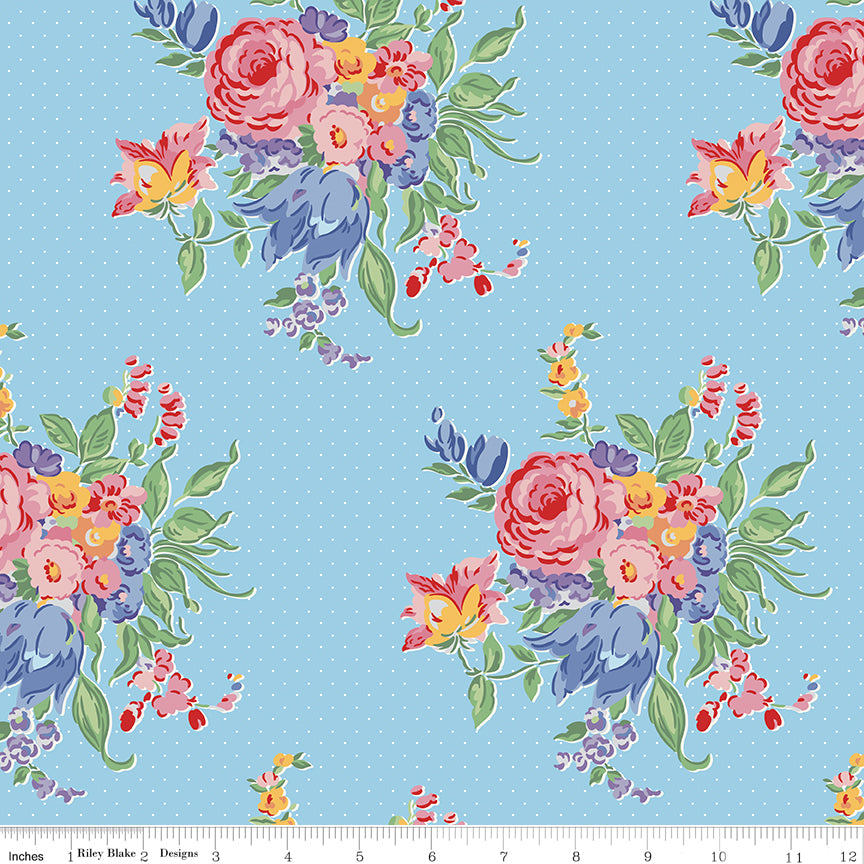 Dear Sweethearts Quilt Fabric - Floral Pindot in Blue - C18090-BLUE