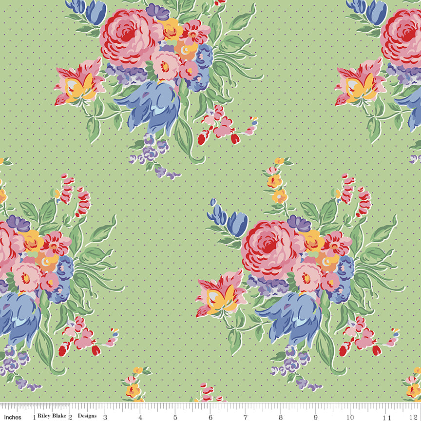Dear Sweethearts Quilt Fabric - Floral Pindot in Green - C18090-GREEN
