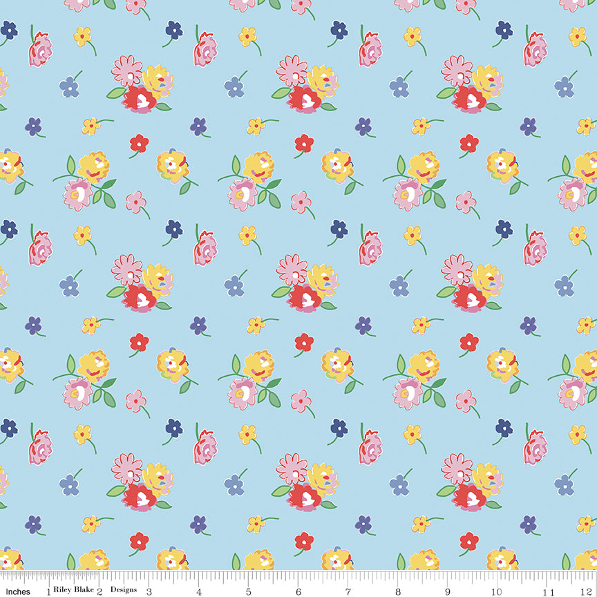 Dear Sweethearts Quilt Fabric - Floral Toss in Blue - C18092-BLUE