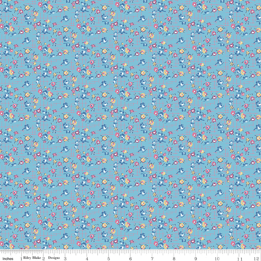 Dear Sweethearts Quilt Fabric - Apron Grid Floral in Blue - C18091-BLUE