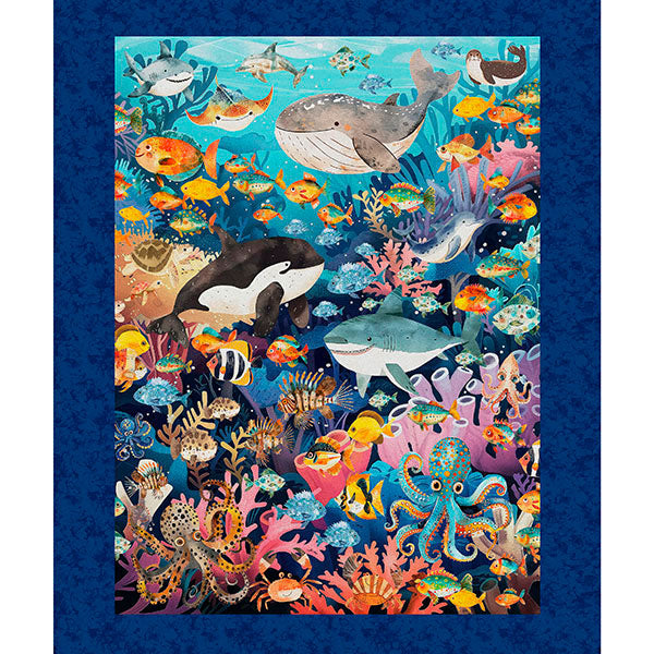 Deep Sea Dazzle Quilt Fabric - Undersea Panel in Navy Blue - 2600 31193 N - SOLD AS A 36" PANEL