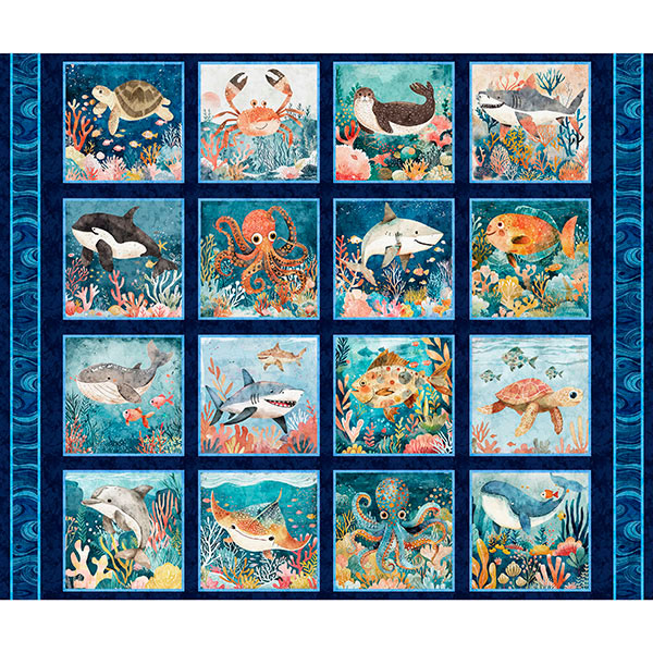 Deep Sea Dazzle Quilt Fabric - Undersea Picture Patches in Navy Blue - 2600 31194 N - SOLD AS A 35" PANEL