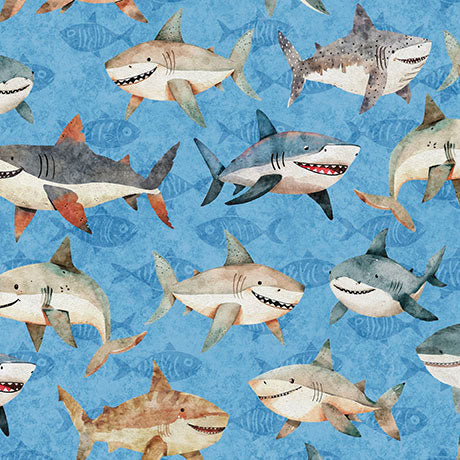Deep Sea Dazzle Quilt Fabric - Sharks Toss in Blue - 2600 31199 B