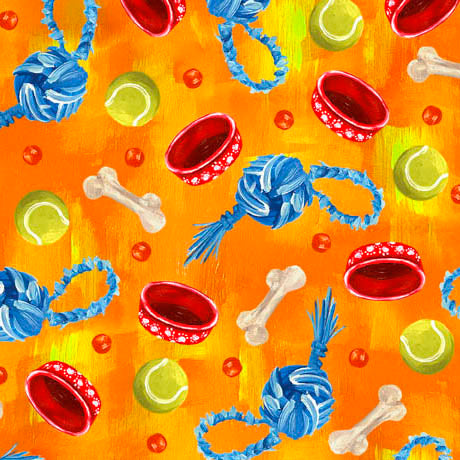 Dog Talk Quilt Fabric - Dog Toys in Orange - 1649-29532-O