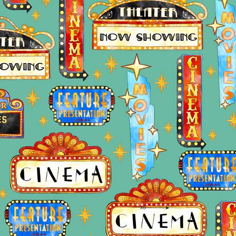 Double Feature Quilt Fabric - Movie Marquees in Dark Aqua  - 2600 30432 Q