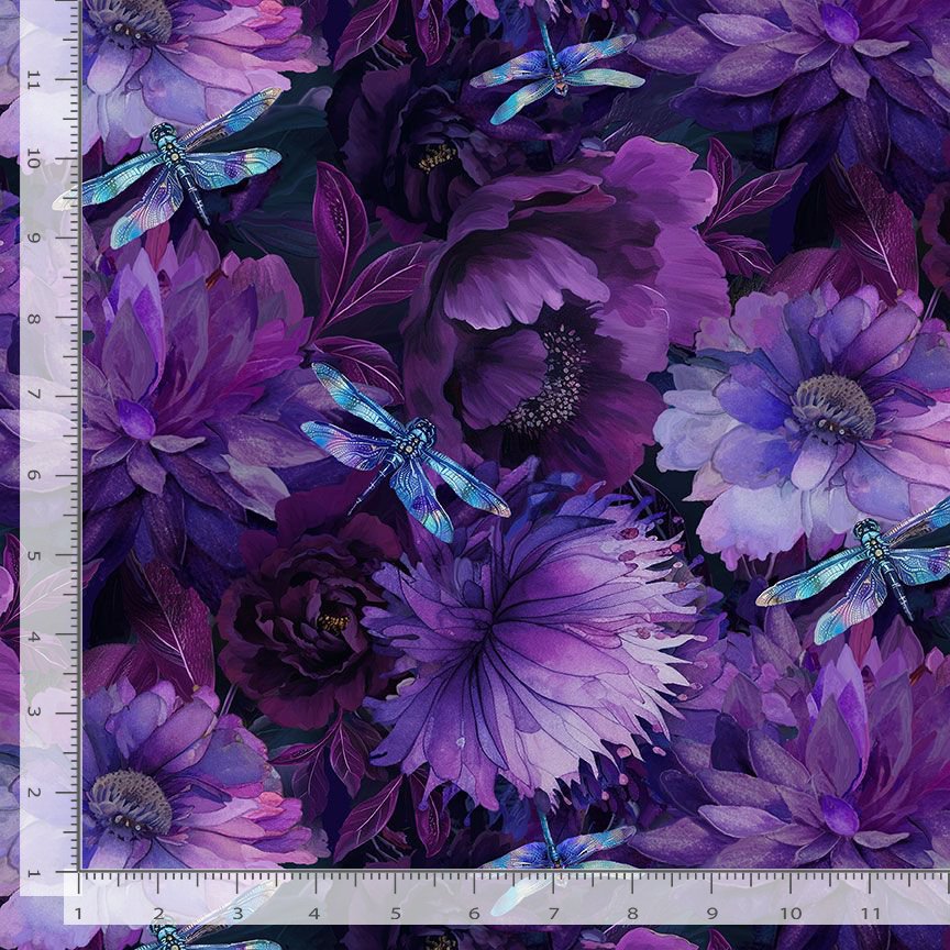 Dragonfly Mist Quilt Fabric - Floral with Dragonflies in Purple - NATURE-CD3892 PURPLE