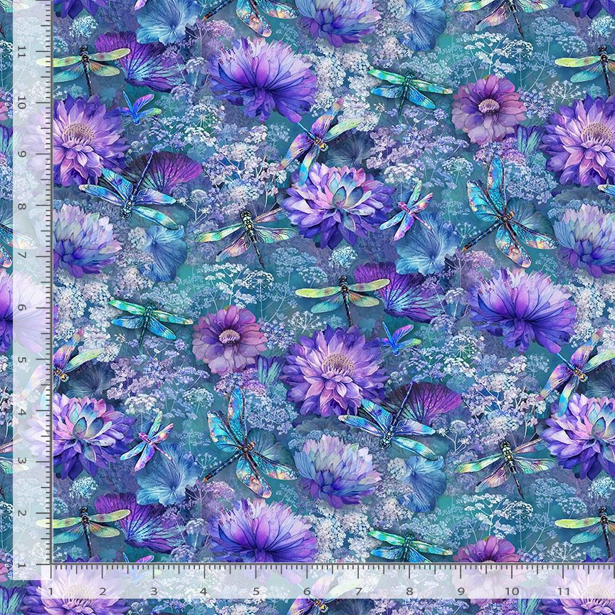 Dragonfly Mist Quilt Fabric - Flying Dragonflies and Floral in Multi - NATURE-CD3894 MULTI