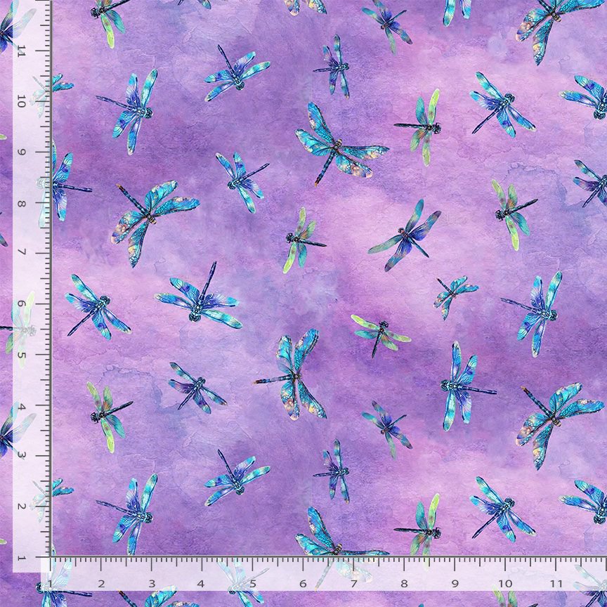 Dragonfly Mist Quilt Fabric - Flying Dragonflies in Lavender Purple - NATURE-CD3895 LAVENDER