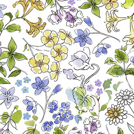 Drawn to Birds Quilt Fabric - Floral in White - 2600 31136 Z