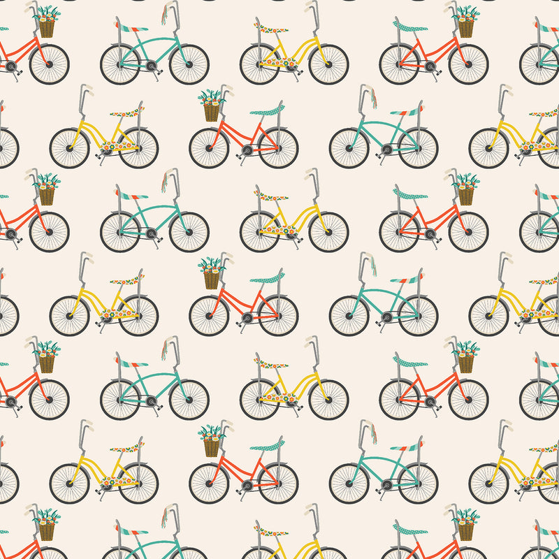 East Coast Quilt Fabric - Kickstand Bicycles in Lazy Saturday Cream/Multi - MK101-LS3