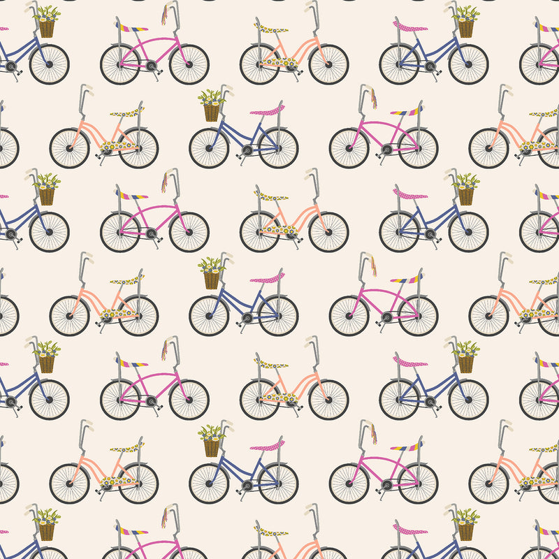 East Coast Quilt Fabric - Kickstand Bicycles in Play Date Cream/Multi - MK101-PD1