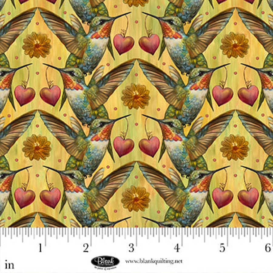 Enchanted Canopy Quilt Fabric - Hummingbirds with Hearts in Yellow - 4610-44