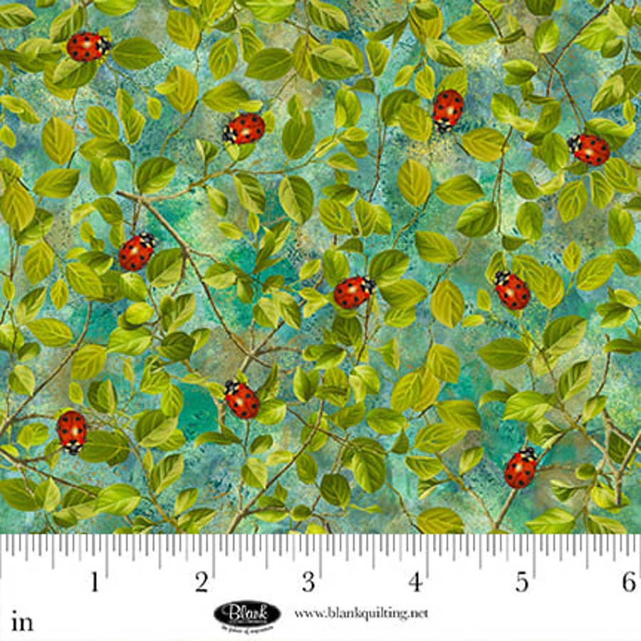 Enchanted Canopy Quilt Fabric - Ladybugs on Leaves in Teal - 4606-67