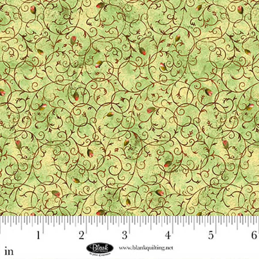 Enchanted Canopy Quilt Fabric - Scroll with Rosebuds in Light Green - 4608-60