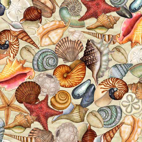 Endless Blues Quilt Fabric -  Packed Seashells in Cream - 2600 30045 E