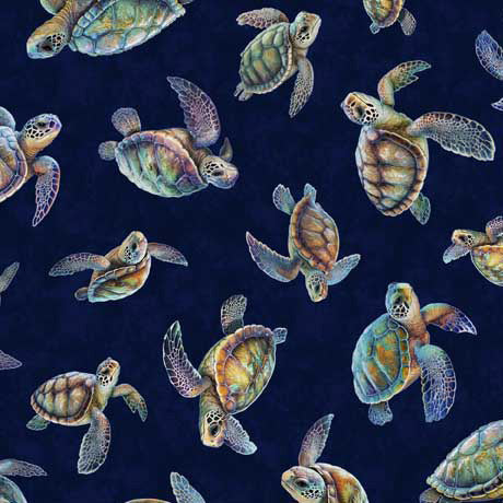 Endless Blues Quilt Fabric -  Sea Turtle Toss in Navy Blue - 2600 30044 N