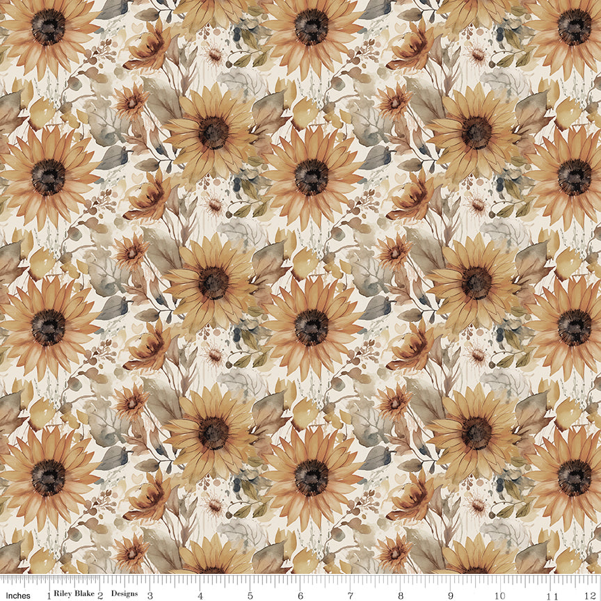 Evening on the Prairie Quilt Fabric - Watercolor Sunflowers in Cream/Multi - CD16743-CREAM