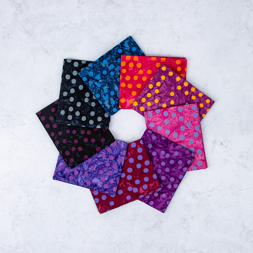 Expressions Polka Pops Batik Quilt Fabric - 9 piece Fat Quarter Bundle C (Purple/Pink) - FQ-21401C-9