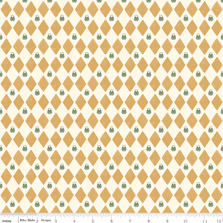 Faraway Kingdom Quilt Fabric - Harlequin Prince (Frog) in Sand Cream/Gold - C17434-SAND
