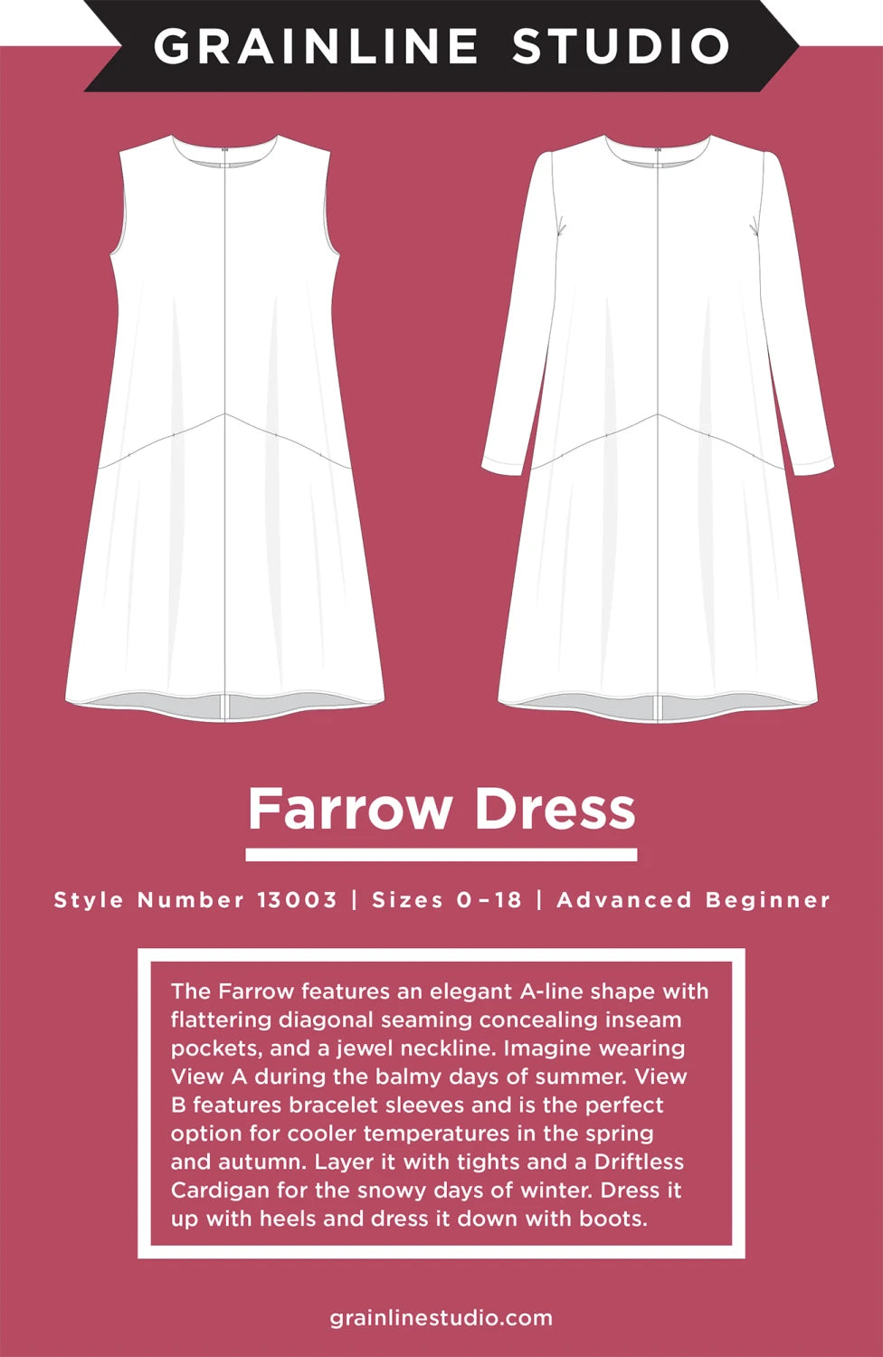 Farrow Dress Pattern from Grainline Studio Sizes 0-18 - GS13003