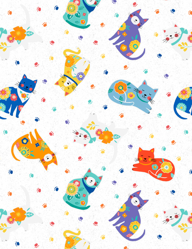 Fe-Line Frisky Quilt Fabric - Cat Toss in White - 3007 68580 147
