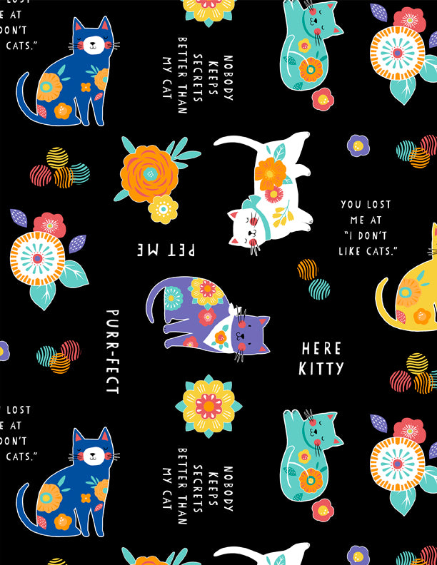 Fe-Line Frisky Quilt Fabric - Large All Over Cats in Black - 3007 68579 917