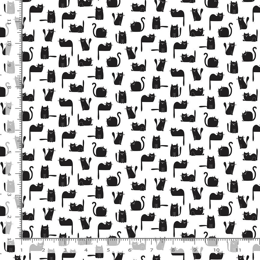 Feline Good Quilt Fabric - Tossed Black Cats in White - CAT-CD2572 WHITE