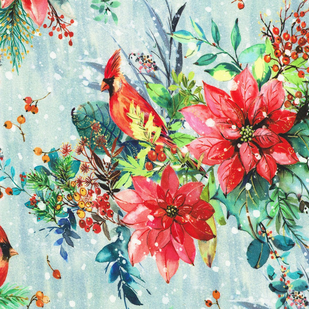 Festive Delight Quilt Fabric - Cardinals and Poinsettias in Winter Multi - AWMD-23863-277 WINTER